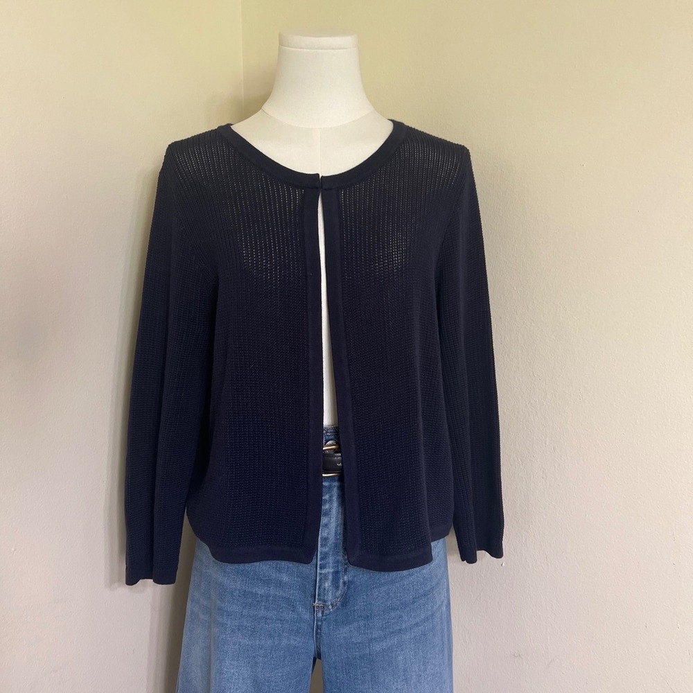 Talbots Navy Blue Waffle Knit Hook Eye Open Front Cardigan Sweater Womens Medium